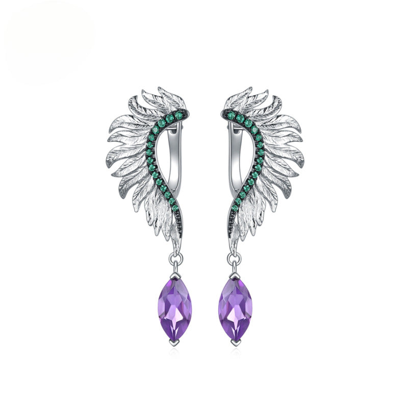 Designer Retro Angel Wings Earrings Italy925Silver Inlaid Natural Gemstone Amethyst Earrings