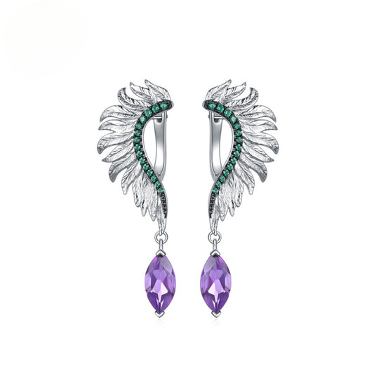 Designer Retro Angel Wings Earrings Italy925Silver Inlaid Natural Gemstone Amethyst Earrings