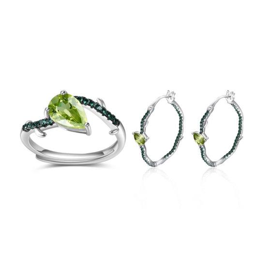 Natural Style Plant Sapphire Set Natural Peridot s925Sterling Silver Ring Earrings Amethyst Jewelry Set