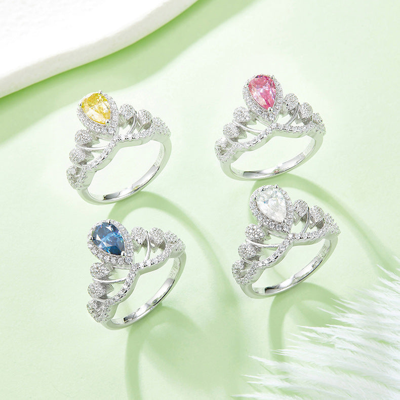Wind Crown Water Drop Ring Band GRA Certificate s925Silver Inlay1Carat Colorful Moissanite Ring for Women