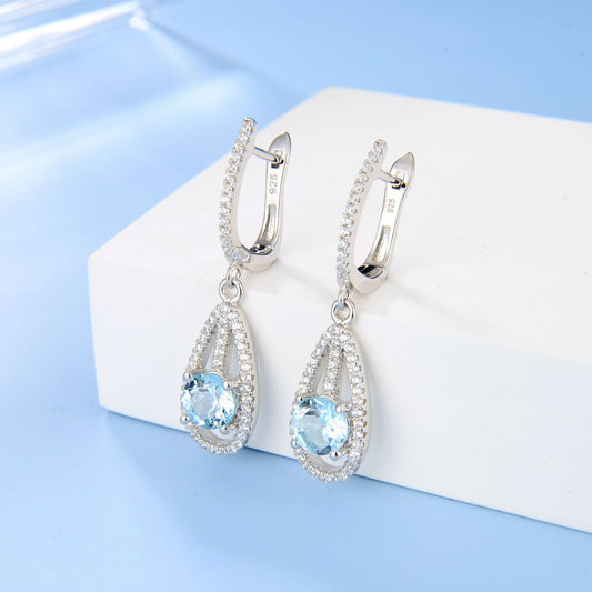 Fashionable Topaz Earrings with British Clasp s925Sterling Silver Inlaid Gemstone Earrings for Women New Style