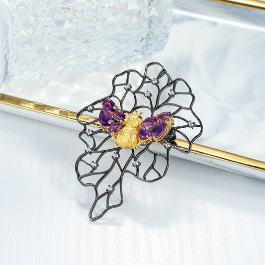 Original Design925Silver Brooch Natural Topaz Amethyst Brooch Women's Brooch Pendant Dual-use