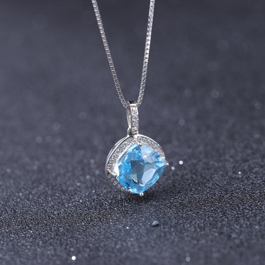 Luxurious Minimalist Fashion Natural Gemstone Necklace Pendant925Silver Inlaid Sky Blue Topaz Gemstone Necklace Pendant