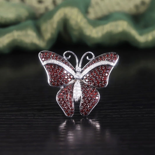 Exaggerated Gemstone Ring s925Sterling Silver Inlaid Natural Garnet Ring Luxurious Large Butterfly Ring for Women