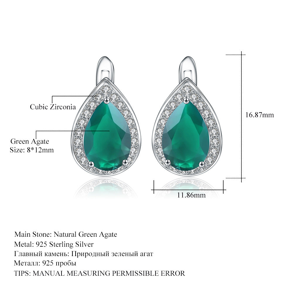 Hong Kong Style Retro Natural Stone Earrings s925Silver Inlaid Green Agate Earrings Water Drop Pear-shaped Gemstone Drop Earrings