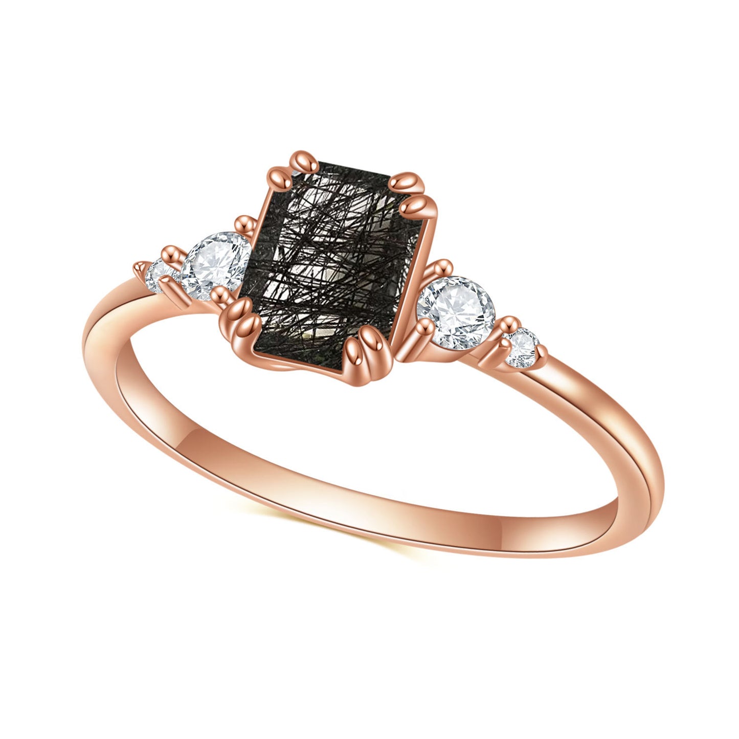 S925Sterling Silver Natural Moonstone Black Hair Crystal Ring Fashionable Elegant High-end Luxury Gemstone Rose Gold Ring