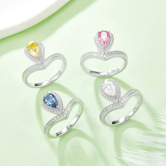Elegant Crown Water Drop V Shaped Ring Band GRA Certificate s925Silver1Carat Colorful Moissanite Ring for Women Gift