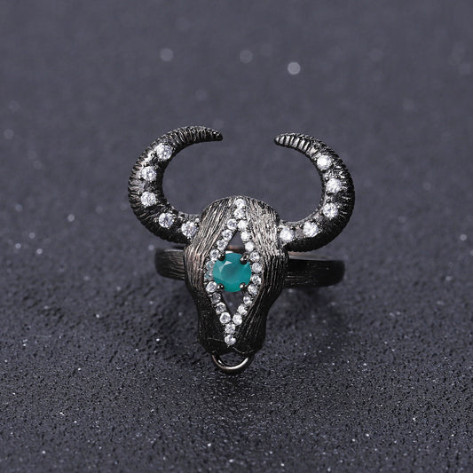 Designer Dark Retro Adjustable Ring Shan Hai Jing Bull Head Design925Silver Inlaid Green Agate Ring