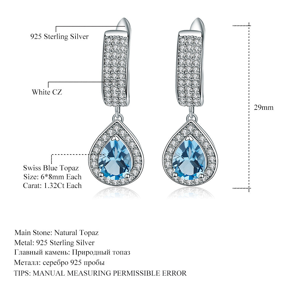 Spot Goods s925Sterling Silver Topaz Stud Earrings Sapphire Jewelry Light Luxury Fashion Natural Gemstone Earrings