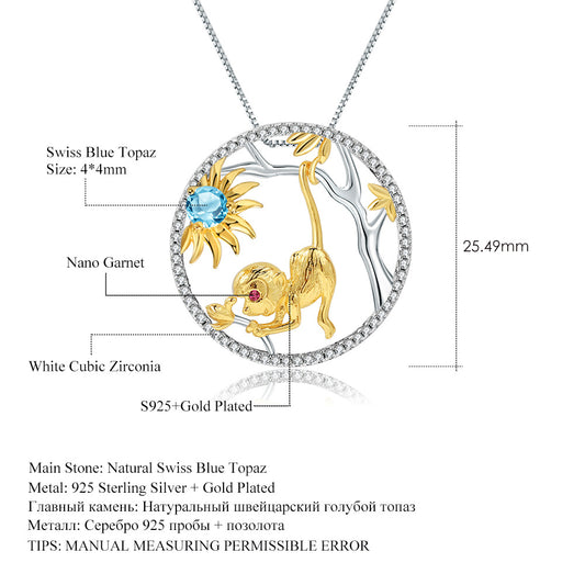 Designer Chinese Style Element Pendant Zodiac Series Monkey 925Silver Natural Gemstone Necklace Pendant