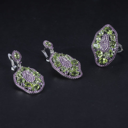 Vintage Jewelry Set s925Sterling Silver Inlaid Green Gemstone Earrings Ring Brooch Natural Peridot Ring