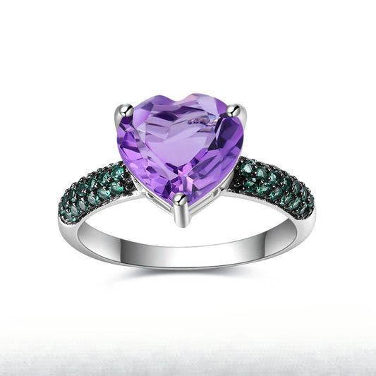 Thorn Bud Design Heart-Shaped Gemstone Ring s925Sterling Silver Inlaid Natural Gemstone Amethyst Ring