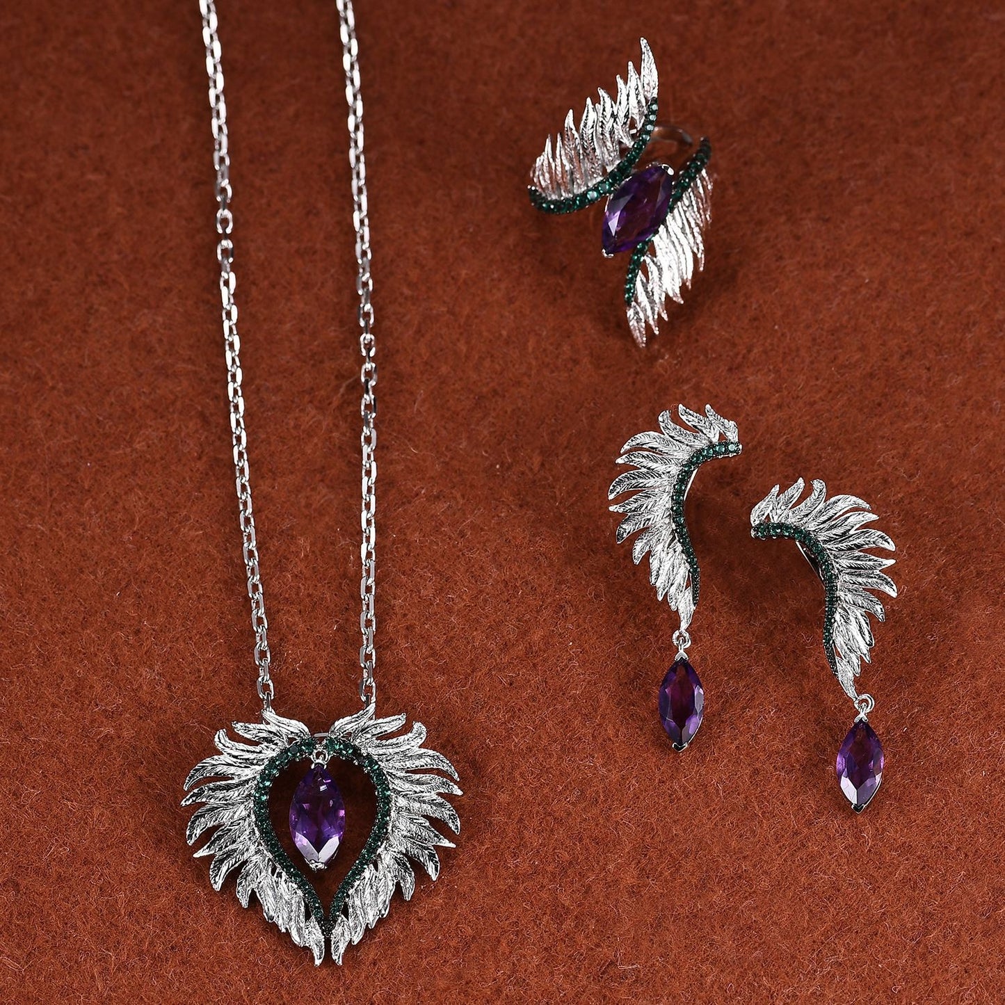 Designer Natural Gemstone Accessories Angel Wings Three-Piece Set925Silver Inlaid Unique Jewelry Set