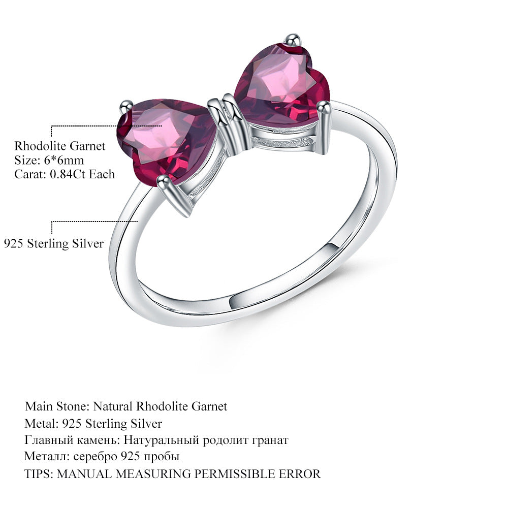 Heart Gemstone Bowknot Ring for Women Vintage Inlaid with Natural Stone s925Silver Amethyst Ring