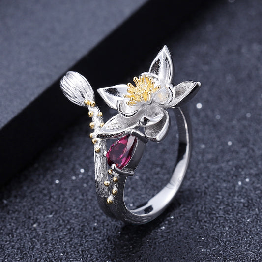 Designer Gemstone Inlaid Open Ring Natural Style Floral Design s925Silver natural gemstone ring