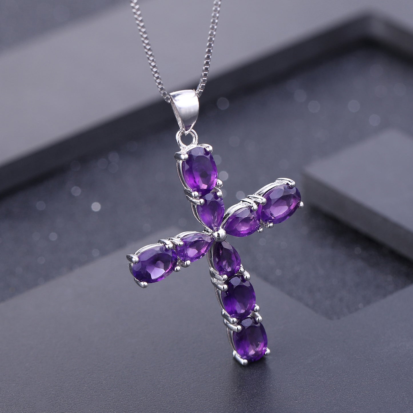 Cross Natural Gemstone Necklace Fashionable and Trendy Personality s925Silver Inlaid Amethyst Necklace Pendant