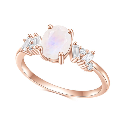 Affordable luxury fashion S925Sterling Silver Inlaid Natural Moonstone Ring Elegant Classic Gemstone Rose Gold Ring