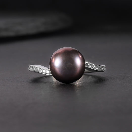 S925Sterling Silver Natural Black Freshwater Pearl Ring Fashionable Light Luxury High-end Inlay9mm Bread Bead Ring