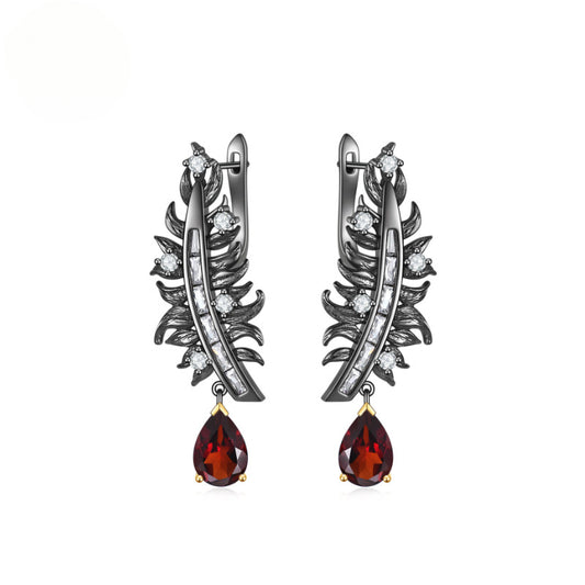 Italian Craft Handmade Designer Feather Natural Gemstone s925Silver Inlaid Garnet Stud Earrings