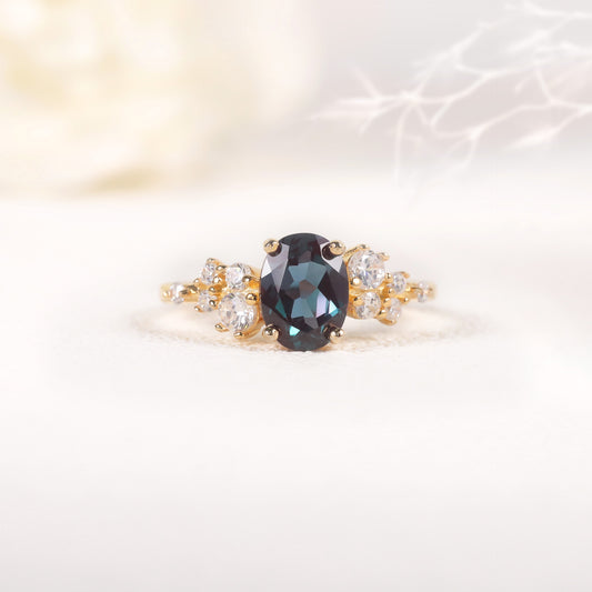 Design Sense Synthetic Alexandrite Ring s925Silver plating18k Gold Inlaid Opal Ring New Model