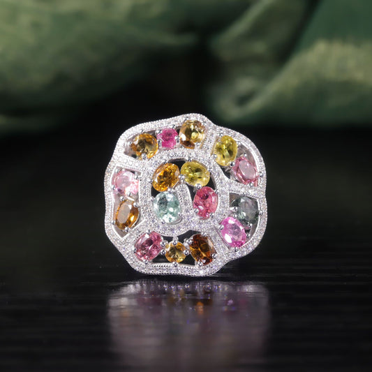 Luxurious Cluster Inlaid Natural Tourmaline Ring s925Sterling Silver Colorful Gemstone Ring Exaggerated Large Ring