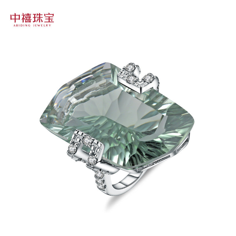 s925Sterling Silver Green Amethyst Ring Fashionable Elegant Luxurious Inlaid Irregular Shape28Large Carat Gemstone Ring with a High-End Feel