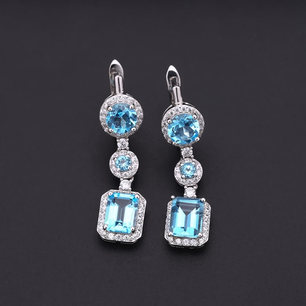 Luxurious Natural Topaz Stud Earrings Fashion High-End Sense s925Silver Inlaid Natural Gemstone Earrings