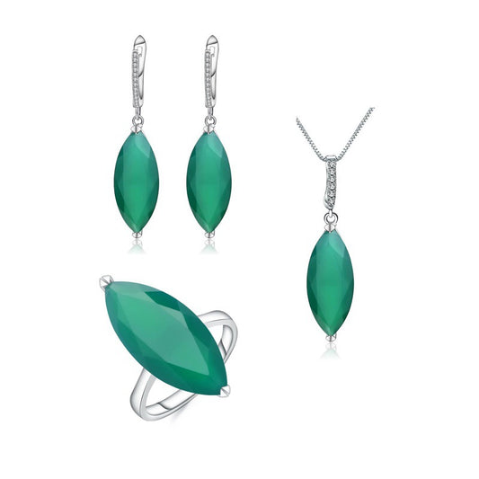 Customization s925Silver Inlaid Green Agate Ring Necklace Earrings Three-Piece Set Natural Gemstone Jewelry Set