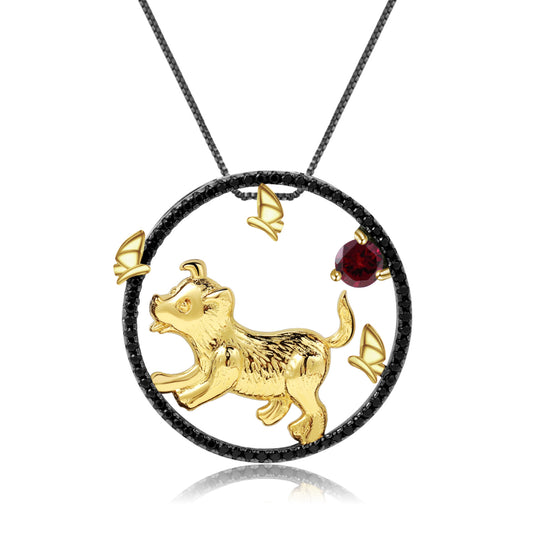 Designer Chinese Style Element Pendant Twelve Zodiac Series Dog 925Silver Natural Gemstone Necklace Pendant