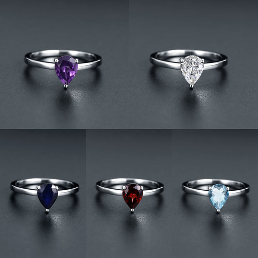 Fashionable Light Luxury Exquisite Gemstone Ring Simple s925Sterling Silver Inlaid Pear-Shaped Natural Gemstone Amethyst Ring