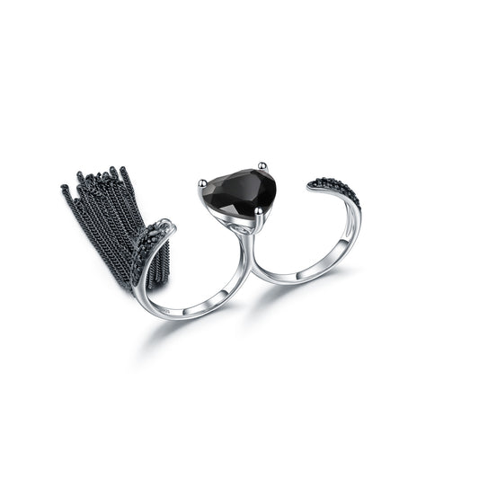 Designer Natural Heart Gemstone Ring with Tassel Design Unique and High-end Design925Silver and Black Onyx Ring