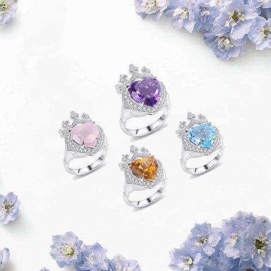 Special-interest design S925Sterling Silver Inlaid Natural Gemstone Crystal Ring Gift for Girls Crown Heart Ring
