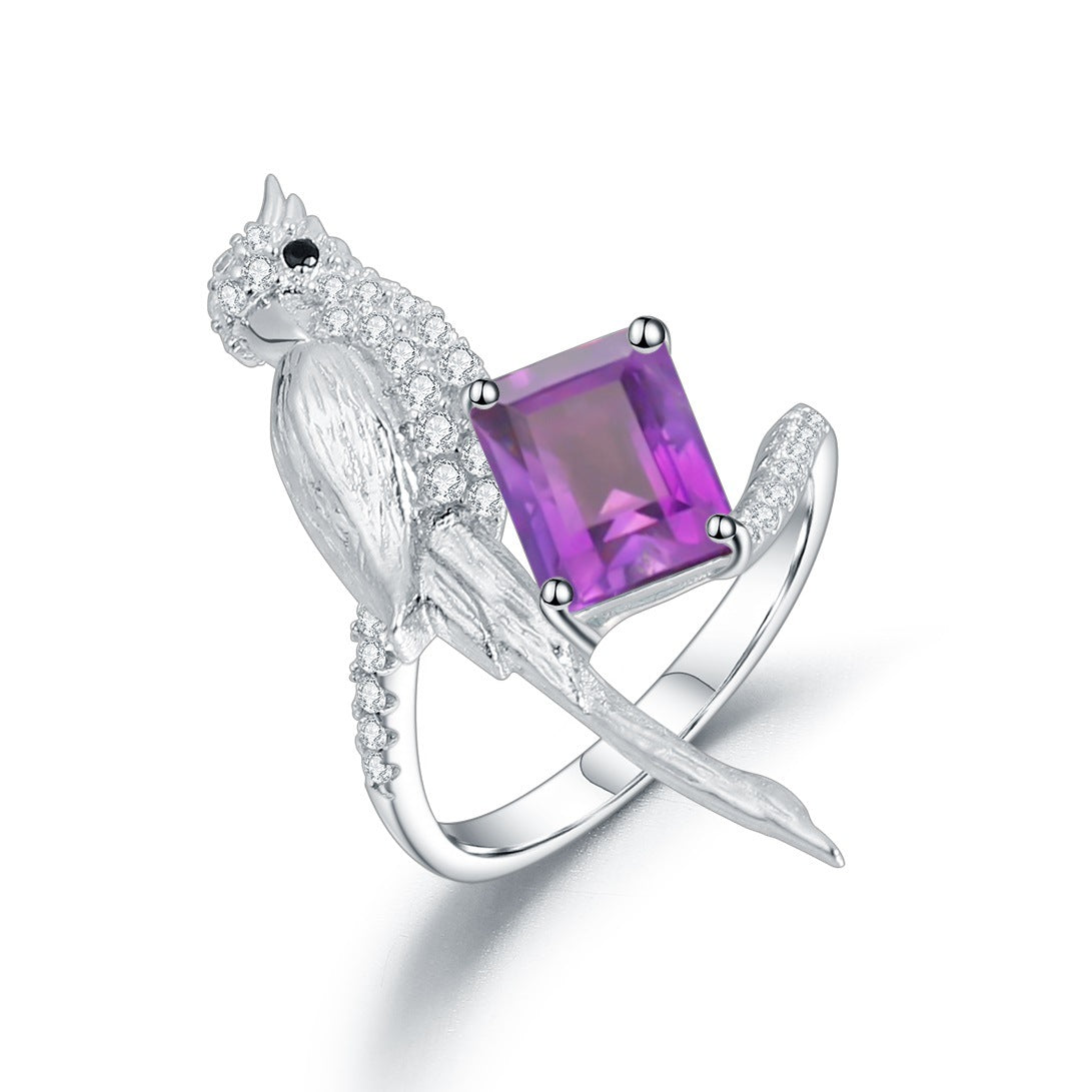 Designer High-End Natural Gemstone Ring Bird Design s925Silver Inlaid Natural Amethyst Ring