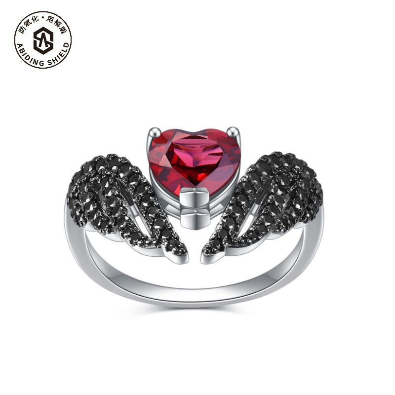 Dark Wings Heart Designer Natural Gemstone Ring s925Sterling Silver Inlaid Garnet Ring