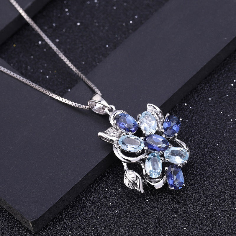 Design Sense Jewelry Topaz Pendant Retro Natural Gemstone Inlay s925Silver Necklace Pendant