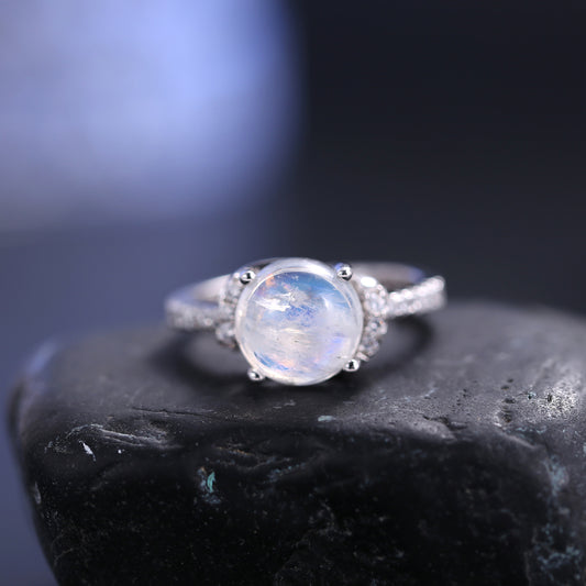 Cool Sensation Natural Cream Blue Moonlight Ring s925Silver Inlaid Gemstone Ring2024Popular
