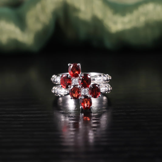 Unique Personality Double Ring s925Sterling Silver Gemstone Ring Natural Garnet Ring New Style