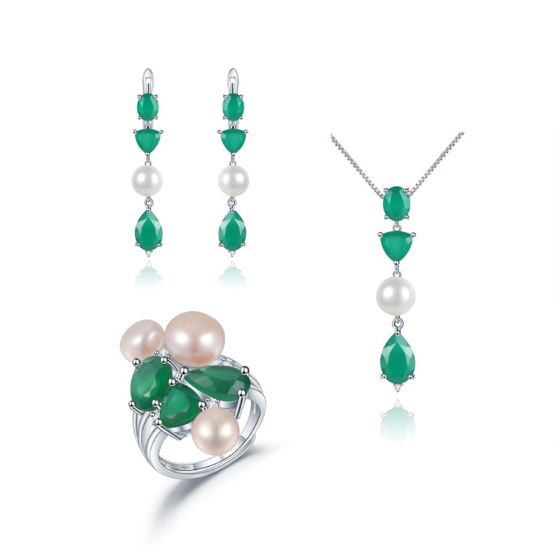 Designer Luxury Adjustable Ring with Unique High-End Design925Silver Natural Pearl Green Agate Ring