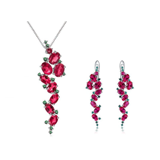 Original Design Italian Craft Luxury Pendant High-end Feel s925Sterling Silver Cultivated Ruby Necklace and Earring Set