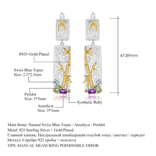 Natural Style Bamboo Gemstone Earrings S925Original Design Pure Silver Natural Translucent Topaz Amethyst Earrings