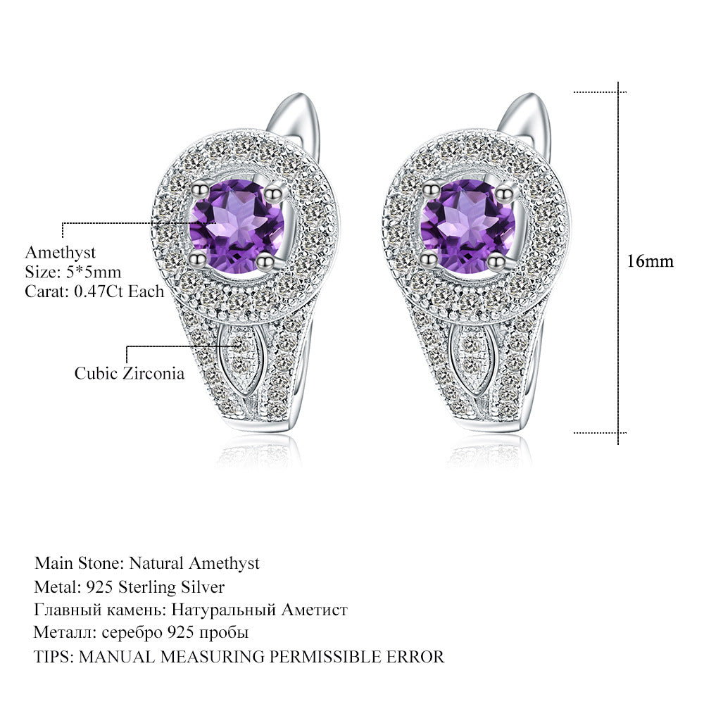 Natural Stone Earrings Vintage Personality Colorful Gemstones s925Silver Amethyst Earrings