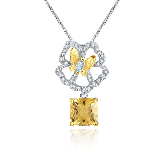 Designer Natural Yellow Crystal Pendant Natural Style Butterfly Flower Design s925Sterling Silver Gemstone Necklace Pendant