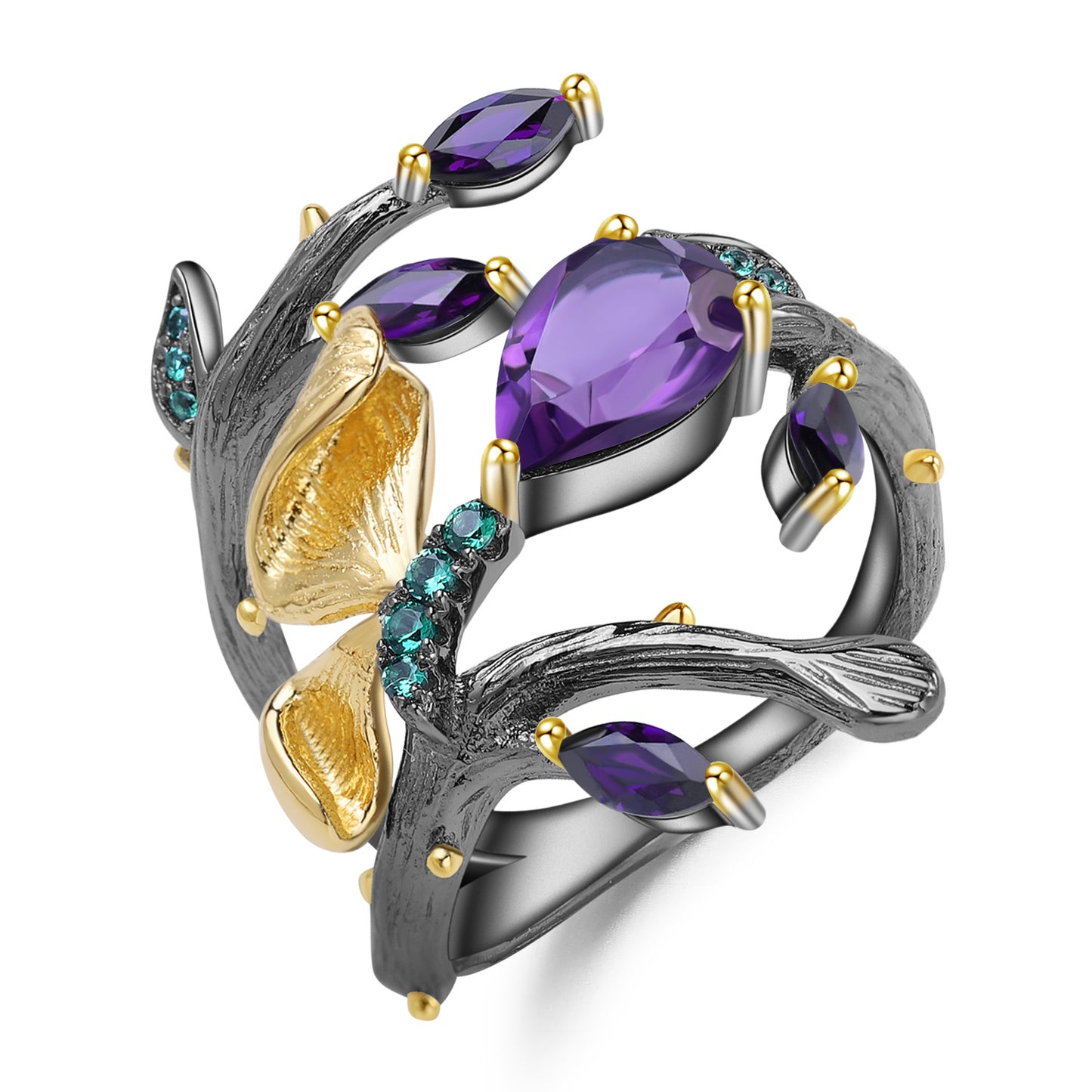 Russian Secret Garden Designer Gemstone Ring Natural Style Butterfly s925Silver Natural Amethyst Ring