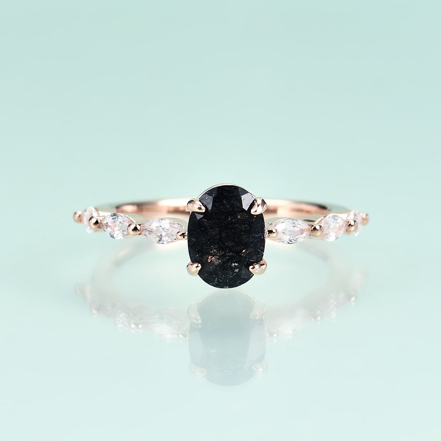 S925Sterling Silver Inlaid Gemstone Natural Black Rutilated Quartz Ring Fashionable and Unique Classic Light Luxury Rose Gold Ring
