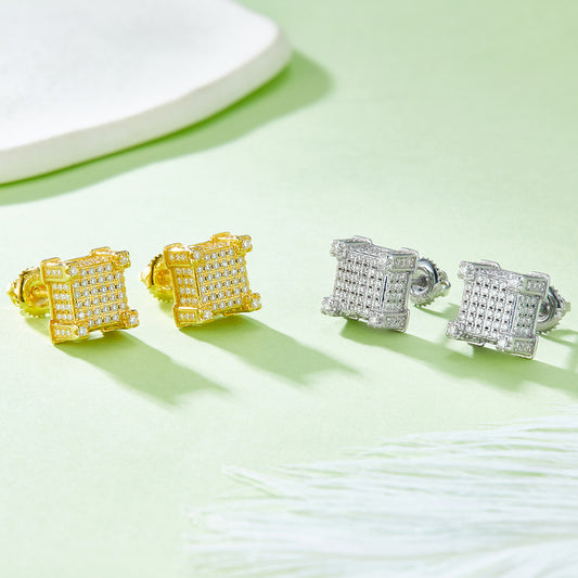 Luxurious Full Diamond Earrings s925Silver Cluster Moissanite Stud Earrings Gold Color Unisex Square Threaded Earrings