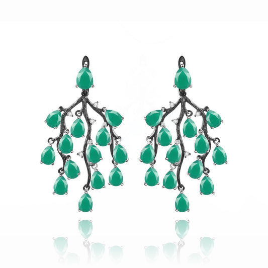 Designer High-End Green Agate Earrings Natural Willow Design s925Sterling Silver Natural Gemstone Earrings
