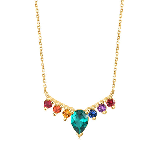 S925Sterling Silver Inlaid Colorful Gemstone Necklace Fashionable Light Luxury Personality Temperament Gold Clavicle Chain Necklace Pendant