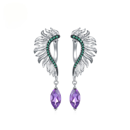Designer Retro Angel Wings Earrings Italy925Silver Inlaid Natural Gemstone Amethyst Earrings