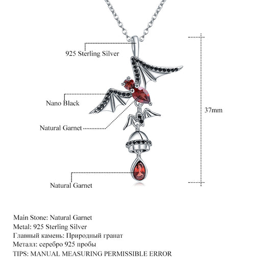 Dark Series Designer Pendant bat design s925Sterling Silver Inlaid Natural Garnet Necklace Pendant