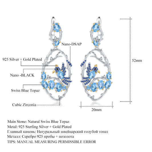 Secret Garden Designer Earrings Birds in the Bush Design Chinese Style925Silver Natural Gemstone Earrings